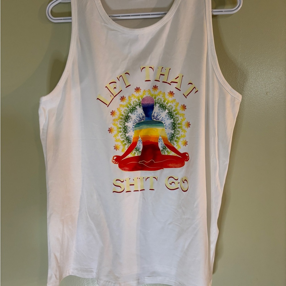 White Tank Top with Colorful Meditation Print